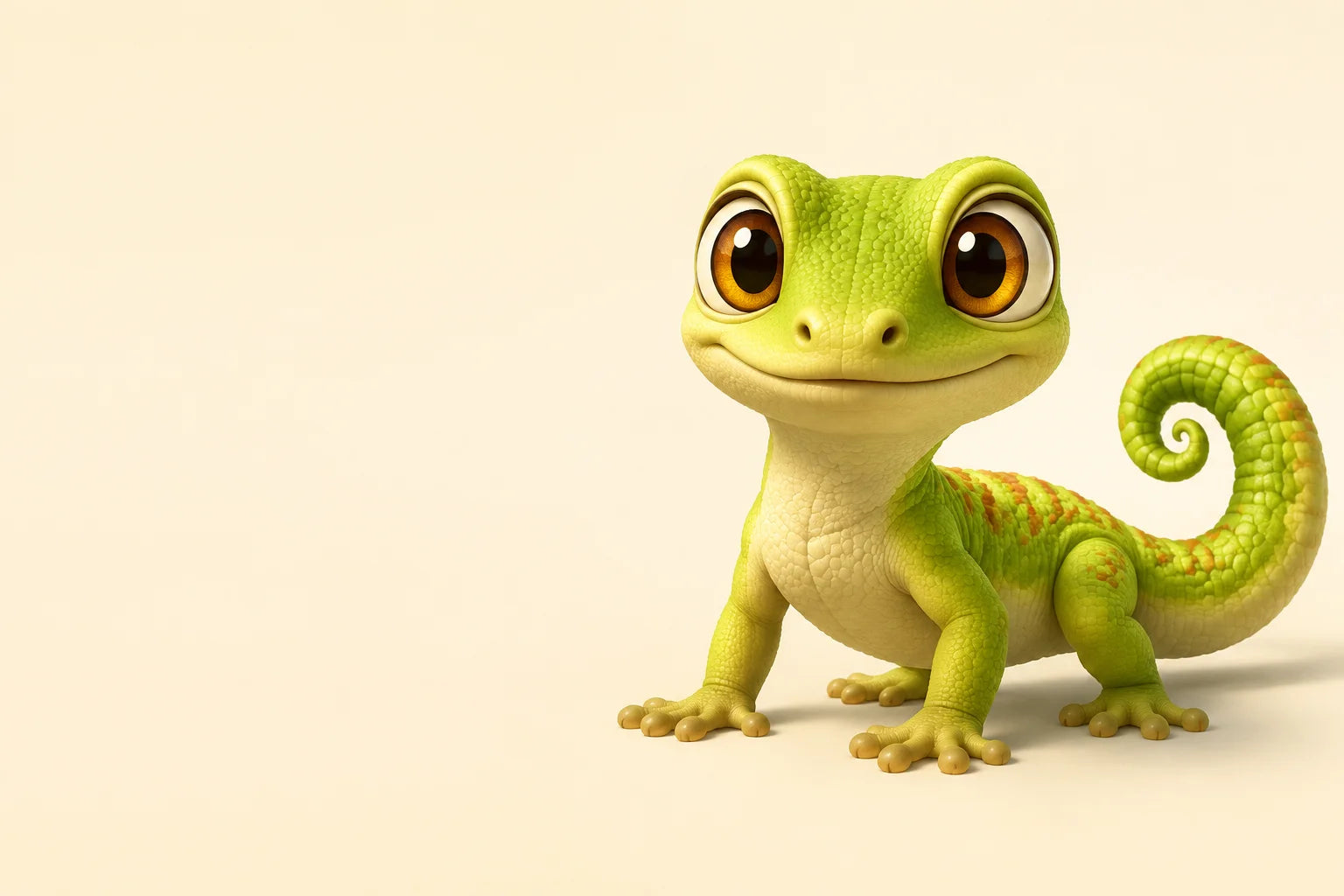 A curious lime-green cartoon reptile with big amber eyes and a curled tail