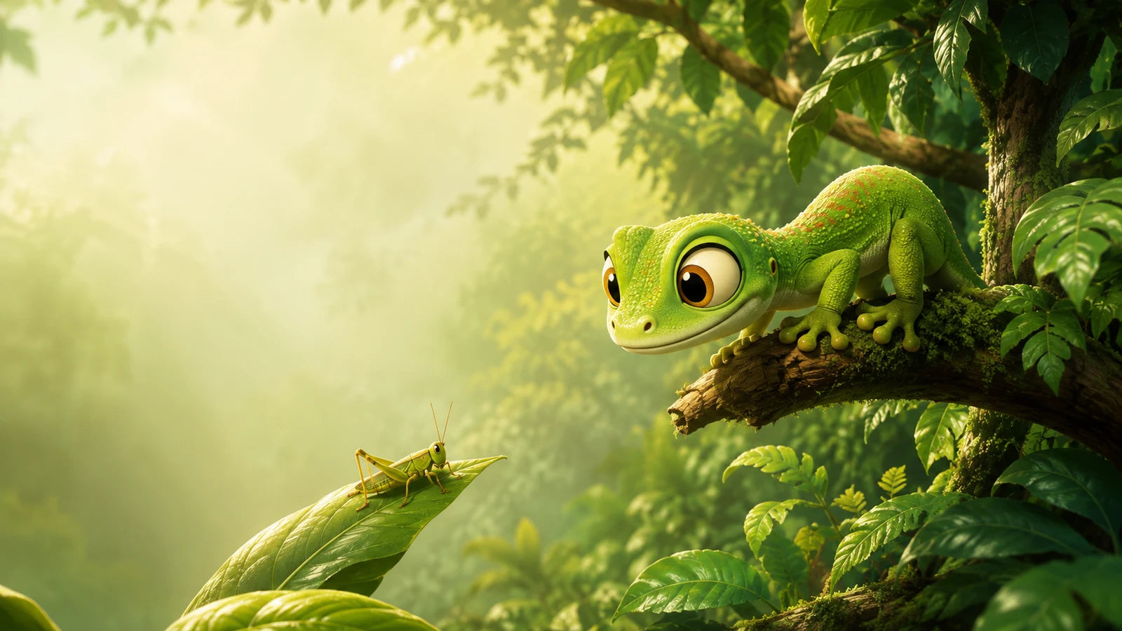 A curious little green gecko watching a locust on a leaf