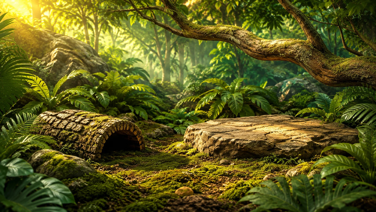 A planted habitat with a cork hide, climbing branch, basking stone and mossy floor